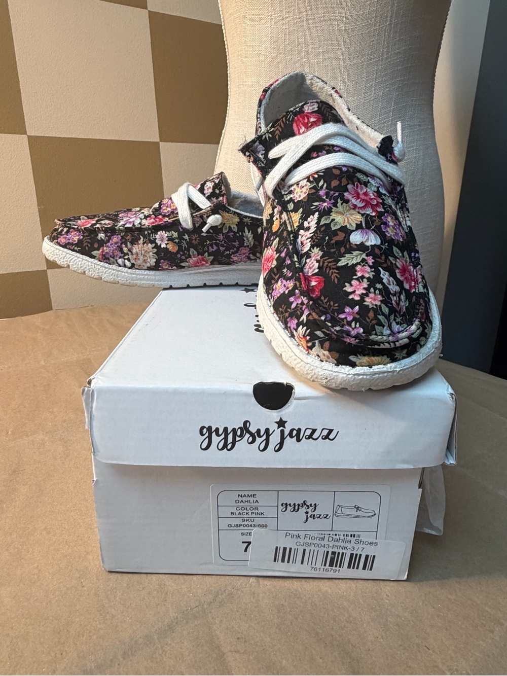 Gypsy Jazz Black Floral Lace-Up Moccasins with Pink & Cream Flowers